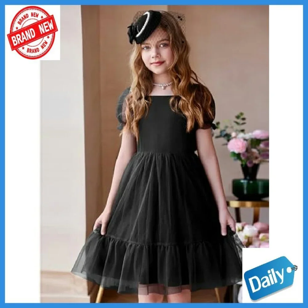 Girls Tulle Dress Puff Sleeve Bow Back Party Holiday Spring Summer Size